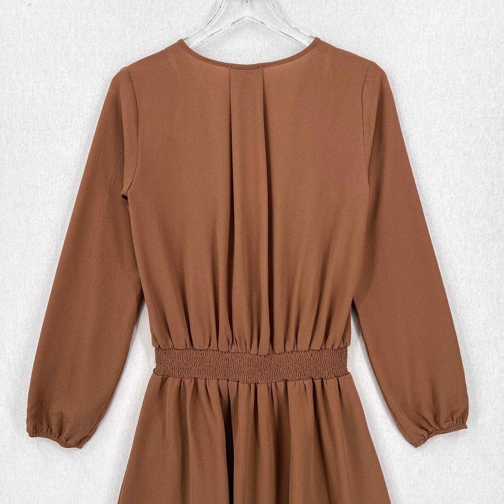 SABO SKIRT Mini Dress Women XS Brown Wrap Long Sleeve Smocked Waist Pull on - Picture 5 of 16